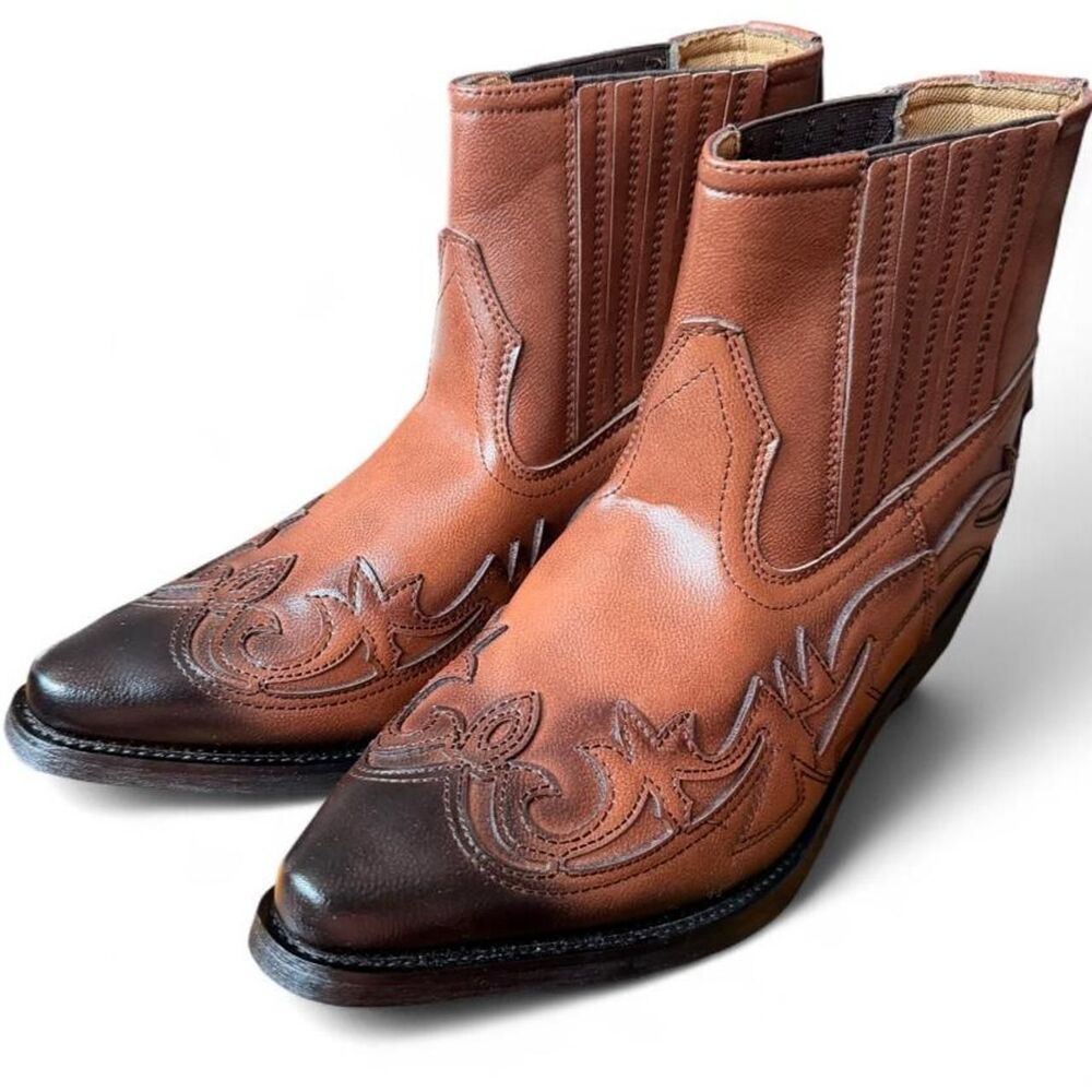 Men’s Western Chelsea Ankle Boots Size 45 Brown Burnished Pointed Toe